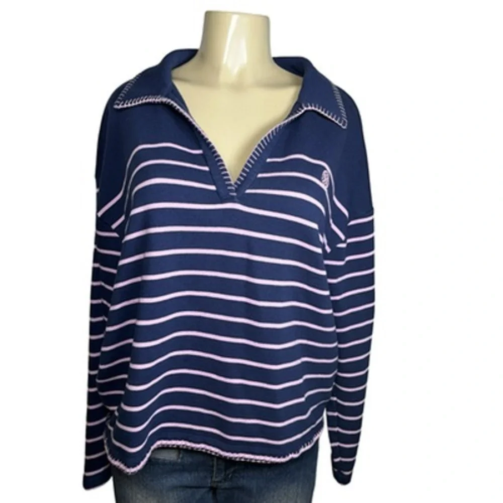 Lilly Pulitzer Sweater Womens XL Blue Stripe Collared V Neck Pullover Knit Top - Picture 2 of 9